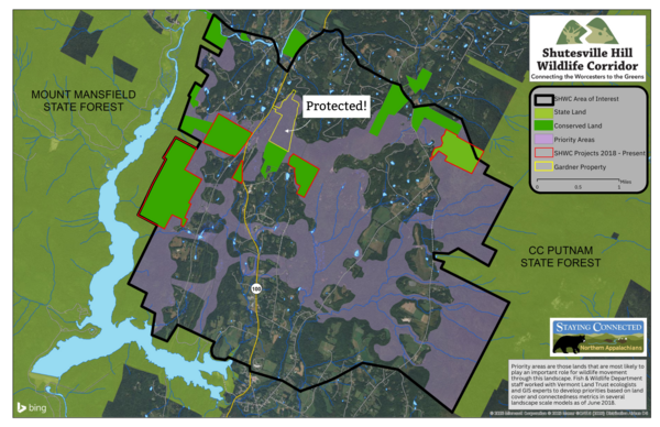 A locator map showing the protected property in the Shutesville Hill Wildlife Corridor.