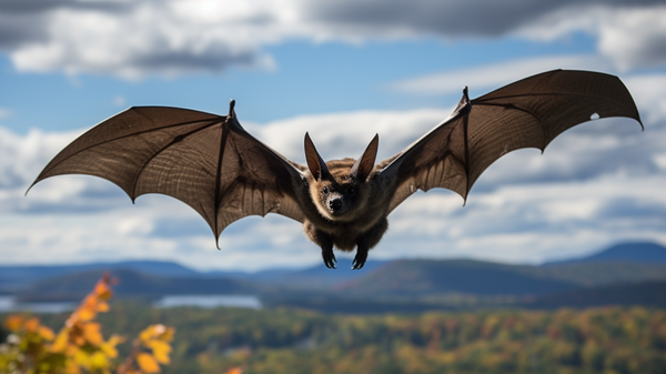 A large Northern long-eared bat flies directly at the camera with a view of fall foliage and water in the background. 