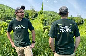 Men’s Hunter Green Stowe Land Trust t-shirt back and front view