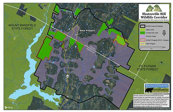 A map locating the protected property in the Shutesville Hill Wildlife Corridor.