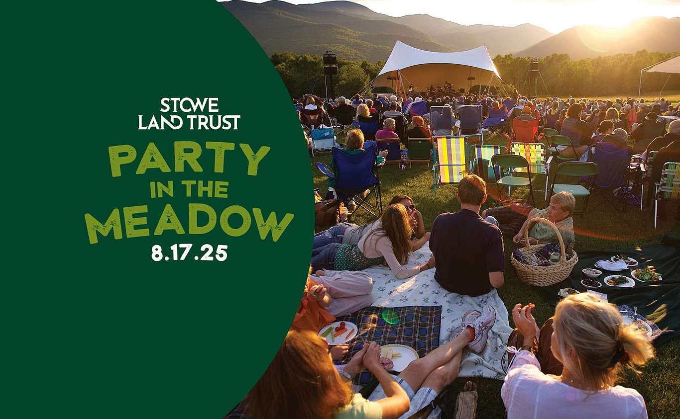 Party in the Meadow 8.17.25 event graphic with photo of meadow at sunset