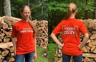 Men’s Burnt Orange Stowe Land Trust t-shirt back and front view