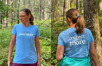  Women’s Carolina Blue Stowe Land Trust t-shirt back and front view